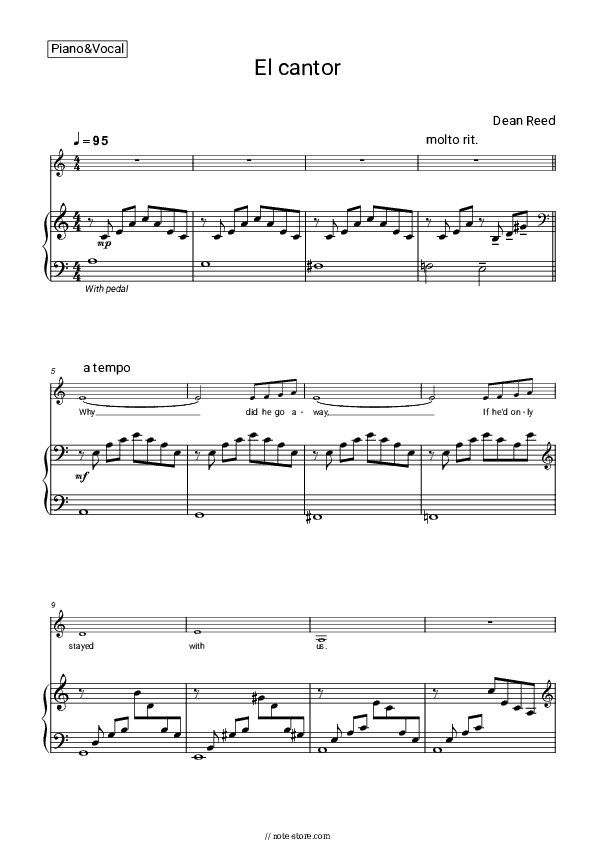 El cantor - Dean Reed Piano Sheet Music with the Voice part - Piano&Vocal