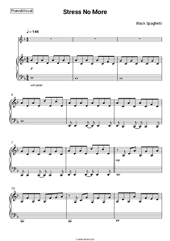 Stress No More (Radio Edit) - Black Spaghetti Piano Sheet Music with the Voice part - Piano&Vocal