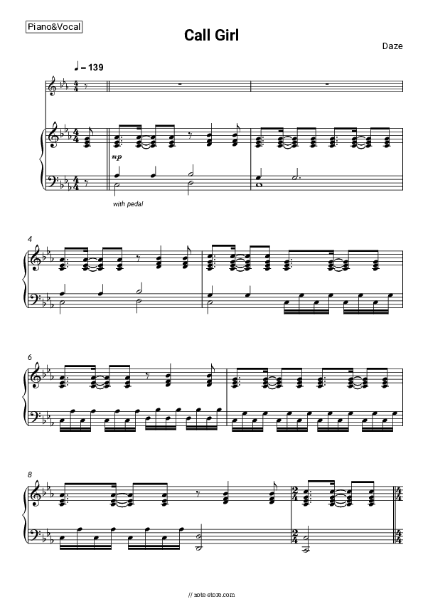 Call Girl - Daze Piano Sheet Music with the Voice part - Piano&Vocal