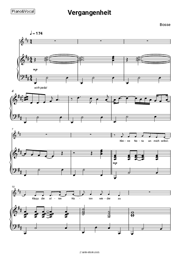 Vergangenheit - Bosse Piano Sheet Music with the Voice part - Piano&Vocal