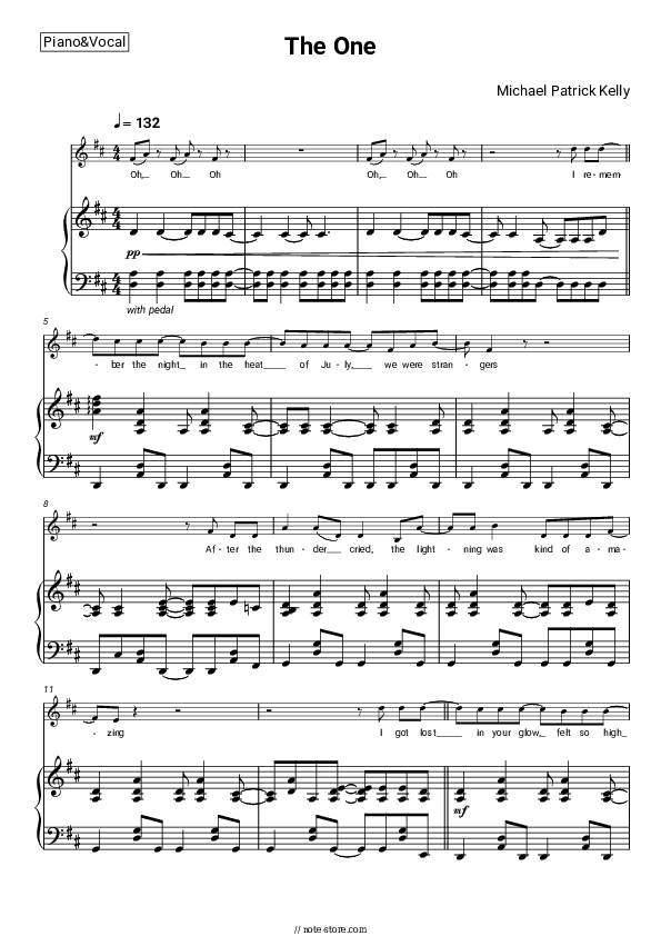 The One - Michael Patrick Kelly Piano Sheet Music with the Voice part - Piano&Vocal