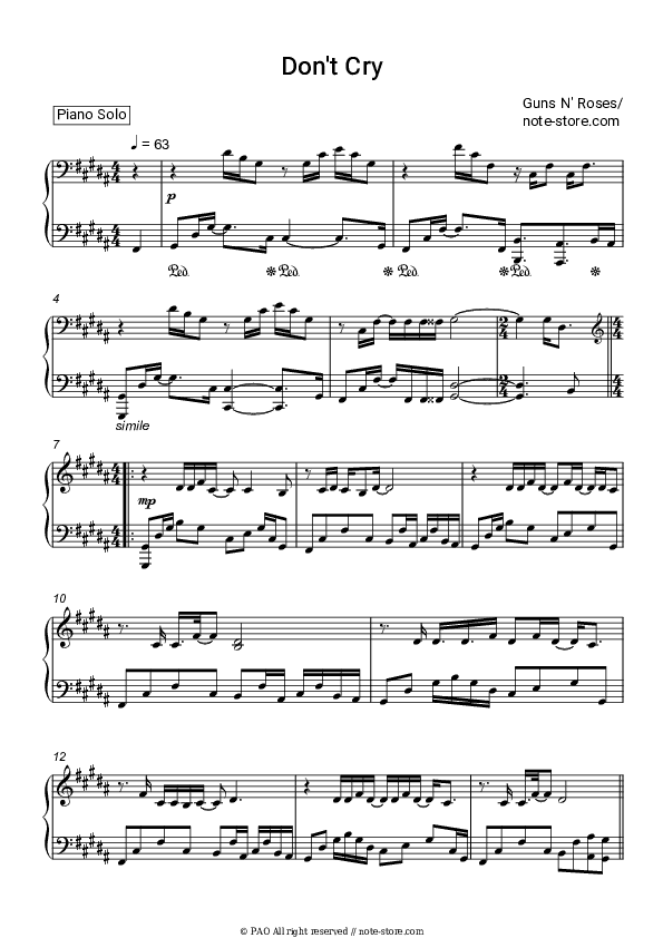 Don't Cry - Guns N' Roses Piano Sheet Music - Piano.Solo