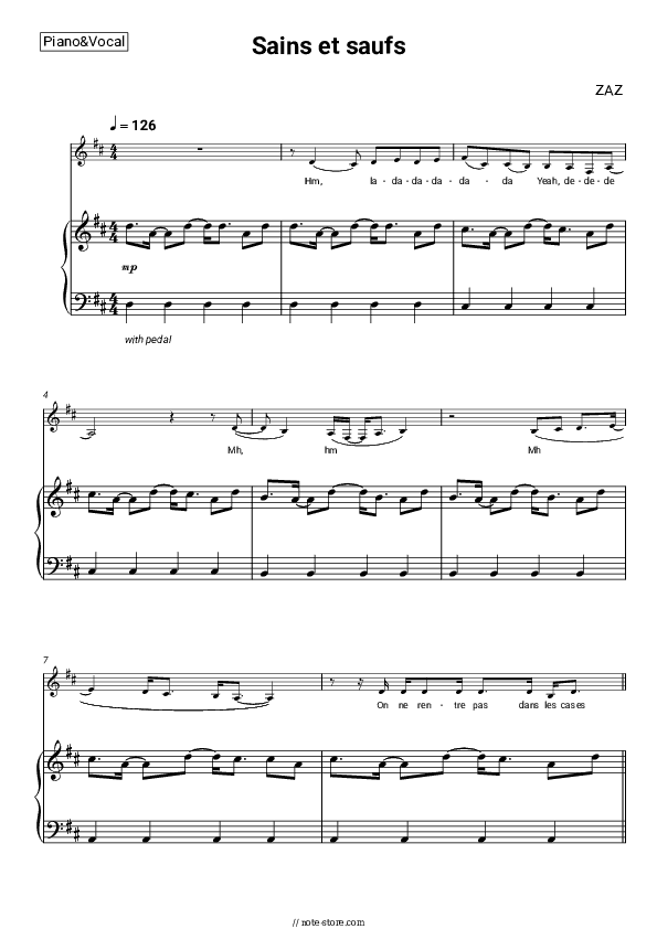 Sains et saufs - ZAZ Piano Sheet Music with the Voice part - Piano&Vocal