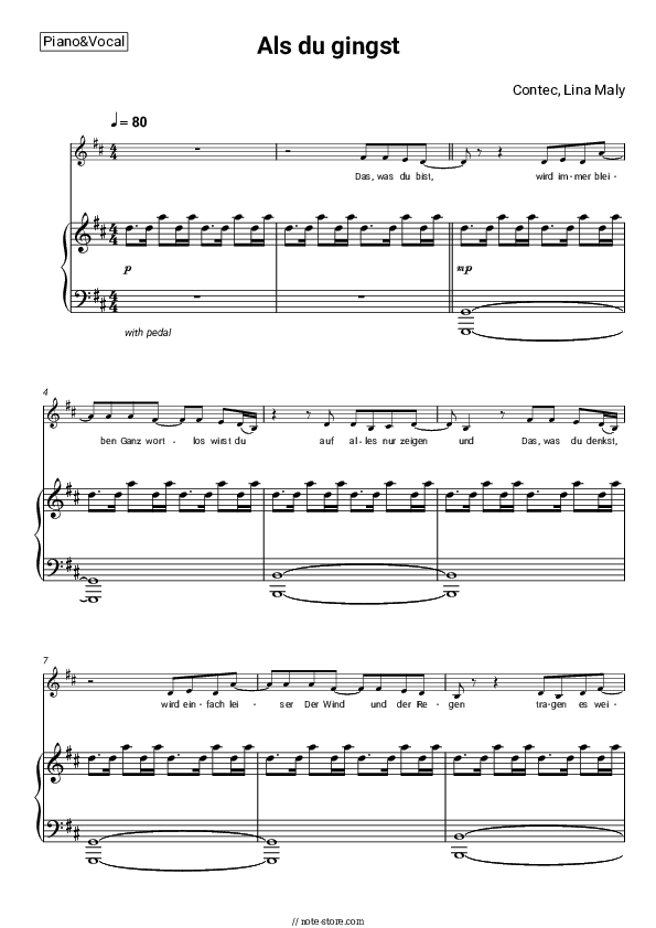 Als du gingst (edit) - Contec, Lina Maly Piano Sheet Music with the Voice part - Piano&Vocal