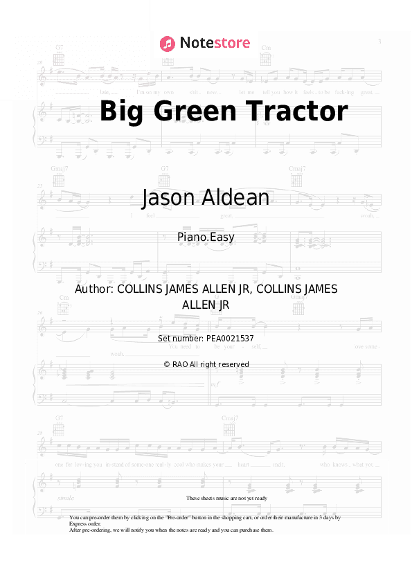 Big Green Tractor - Jason Aldean Piano Sheet Music Easy - Piano.Easy
