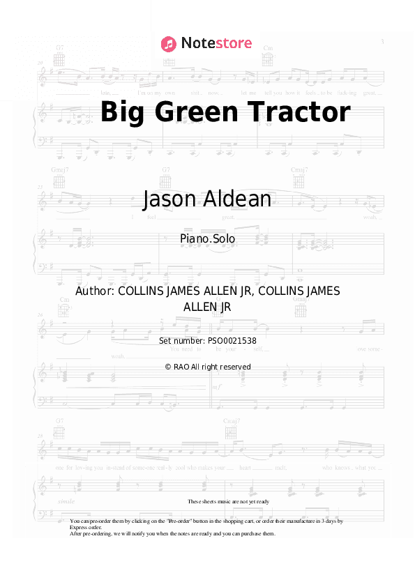 Big Green Tractor - Jason Aldean Piano Sheet Music - Piano.Solo