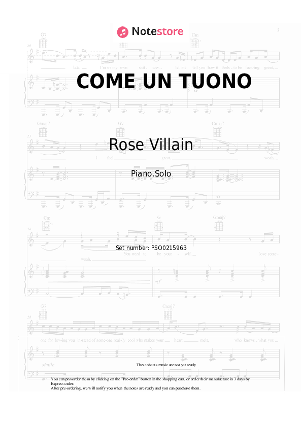 COME UN TUONO - Rose Villain, Guè Piano Sheet Music - Piano.Solo