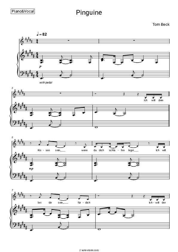 Pinguine - Tom Beck Piano Sheet Music with the Voice part - Piano&Vocal