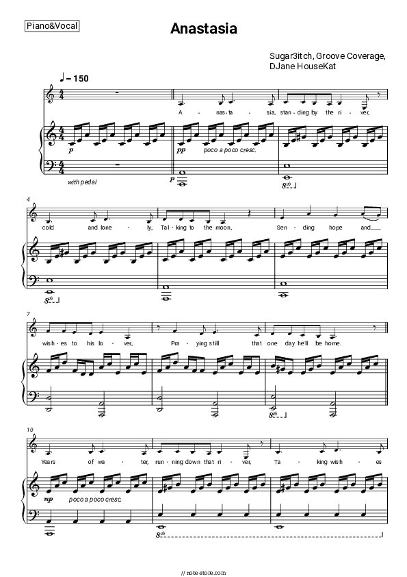 Anastasia - Sugar3itch, Groove Coverage, DJane HouseKat Piano Sheet Music with the Voice part - Piano&Vocal