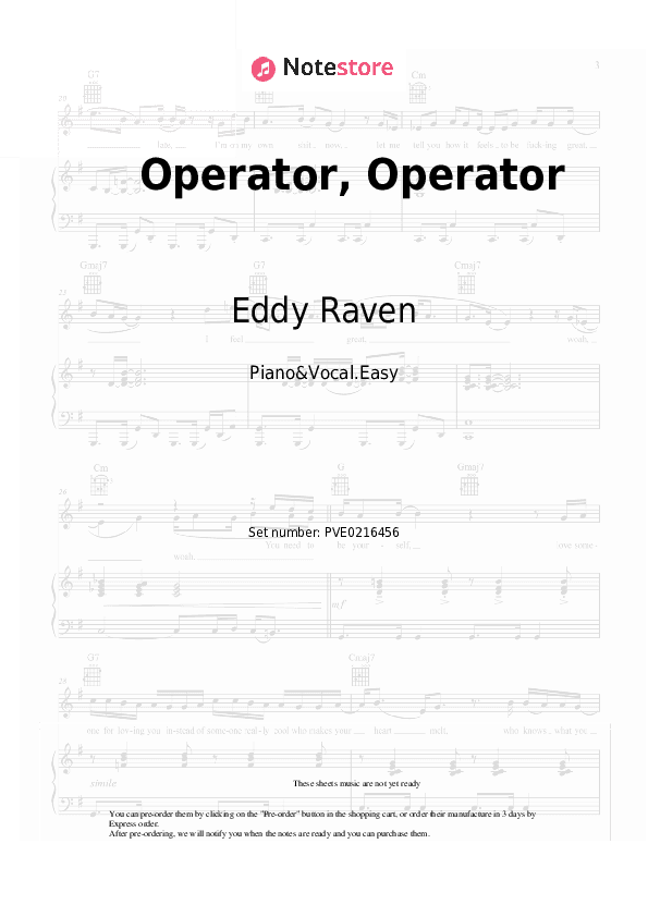 Operator, Operator - Eddy Raven Piano Sheet Music Easy and Vocal - Piano&Vocal.Easy