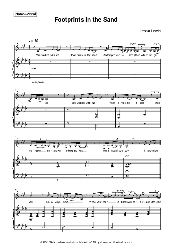 Footprints In the Sand - Leona Lewis Piano Sheet Music with the Voice part - Piano&Vocal