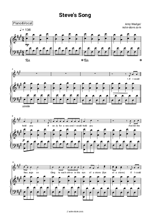 Steve's Song - Amy Wadge Piano Sheet Music with the Voice part - Piano&Vocal