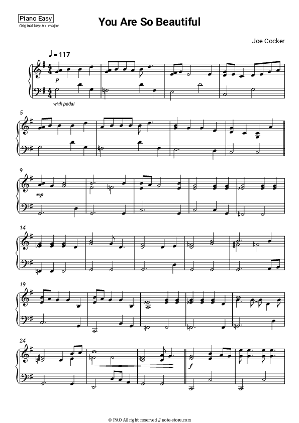 You Are So Beautiful - Joe Cocker Piano Sheet Music Easy - Piano.Easy