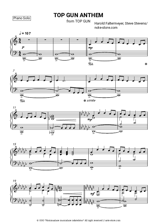 Top Gun Anthem - Harold Faltermeyer Piano Sheet Music - Piano.Solo