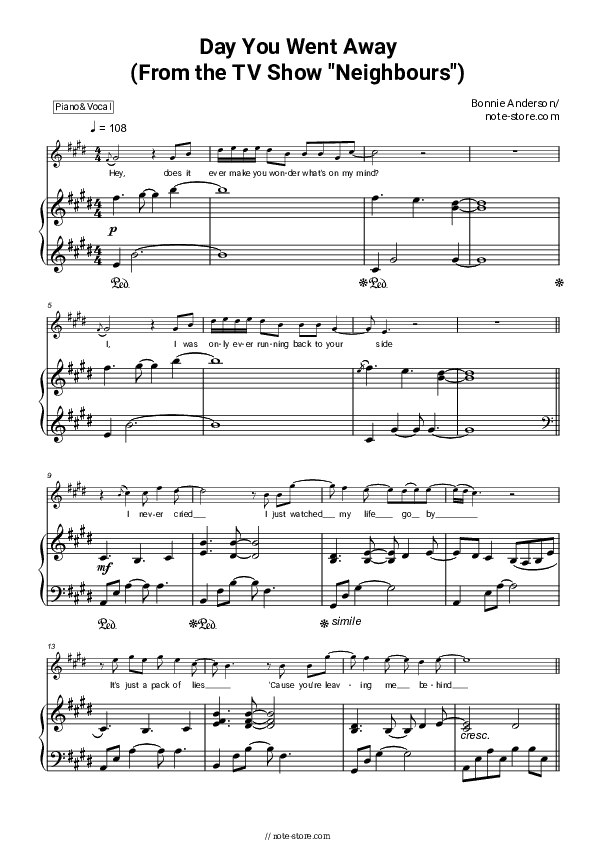 Day You Went Away (From the TV Show Neighbours) - Bonnie Anderson Piano Sheet Music with the Voice part - Piano&Vocal