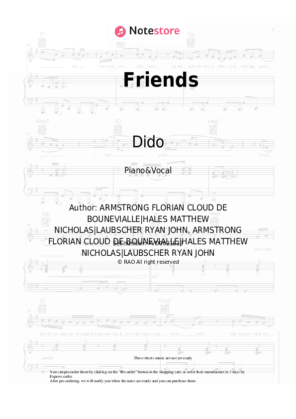 Friends - Dido Piano Sheet Music with the Voice part - Piano&Vocal