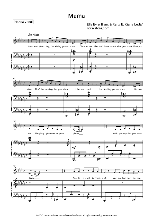 Mama - Ella Eyre, Banx & Ranx, Kiana Ledé Piano Sheet Music with the Voice part - Piano&Vocal
