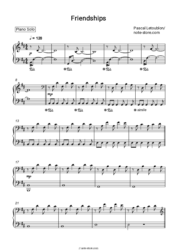 Friendships - Pascal Letoublon Piano Sheet Music - Piano.Solo