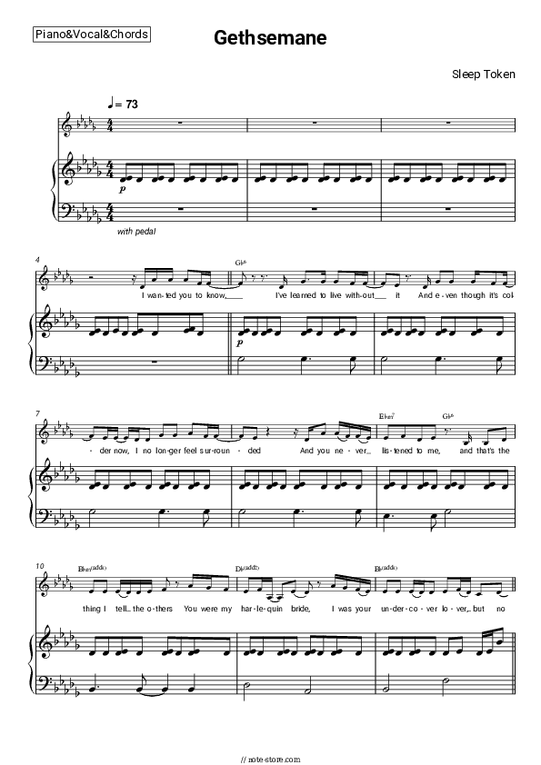 Gethsemane - Sleep Token Piano Sheet Music with the Vocal and Chords - Piano&Vocal&Chords
