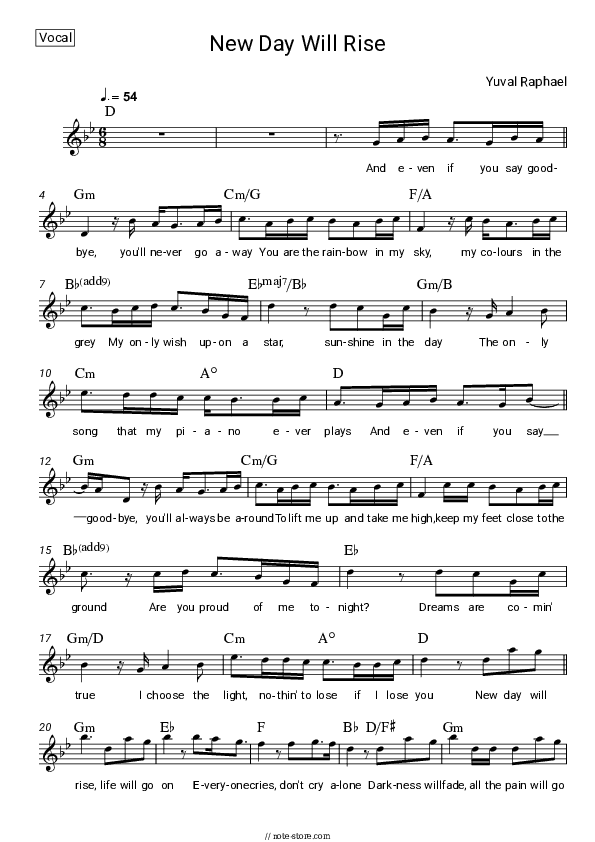 New Day Will Rise - Yuval Raphael Vocal Sheet Music - Vocal
