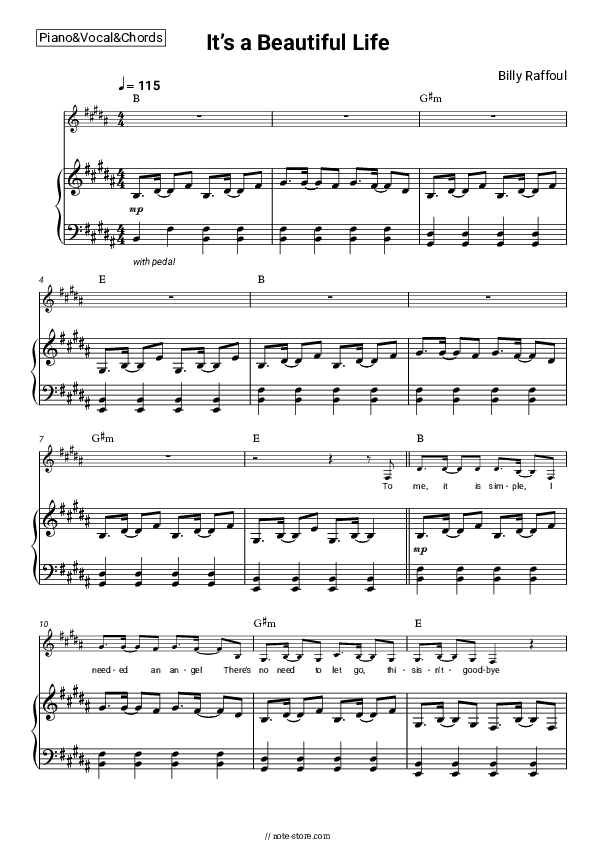 It’s a Beautiful Life - Billy Raffoul Piano Sheet Music with the Vocal and Chords - Piano&Vocal&Chords