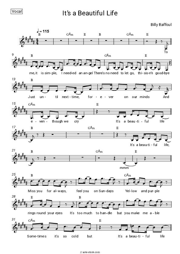 It’s a Beautiful Life - Billy Raffoul Vocal Sheet Music - Vocal