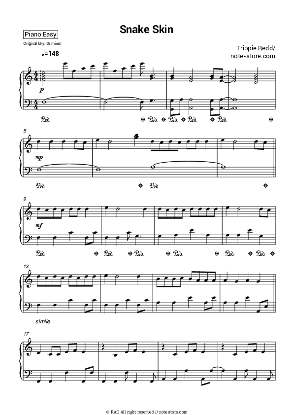 Snake Skin - Trippie Redd Piano Sheet Music Easy - Piano.Easy