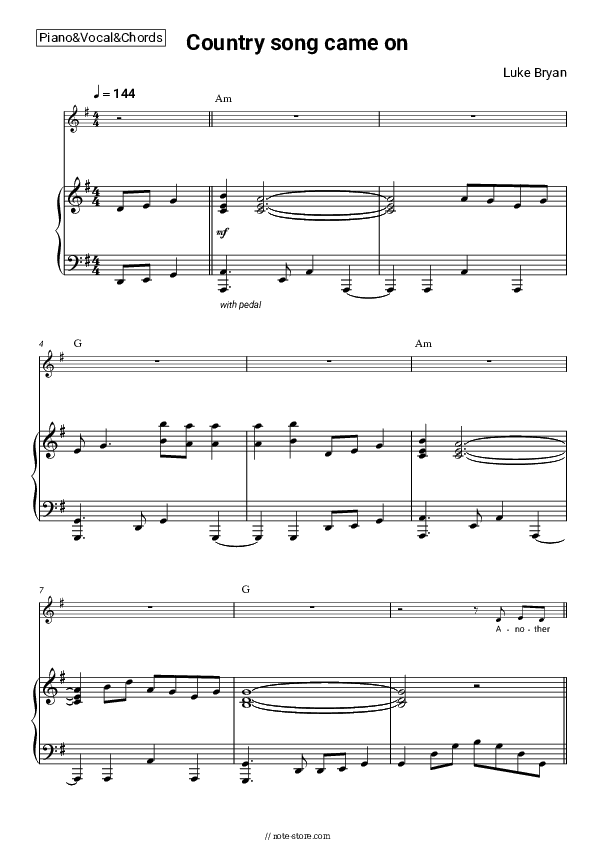 Country song came on - Luke Bryan Piano Sheet Music with the Vocal and Chords - Piano&Vocal&Chords