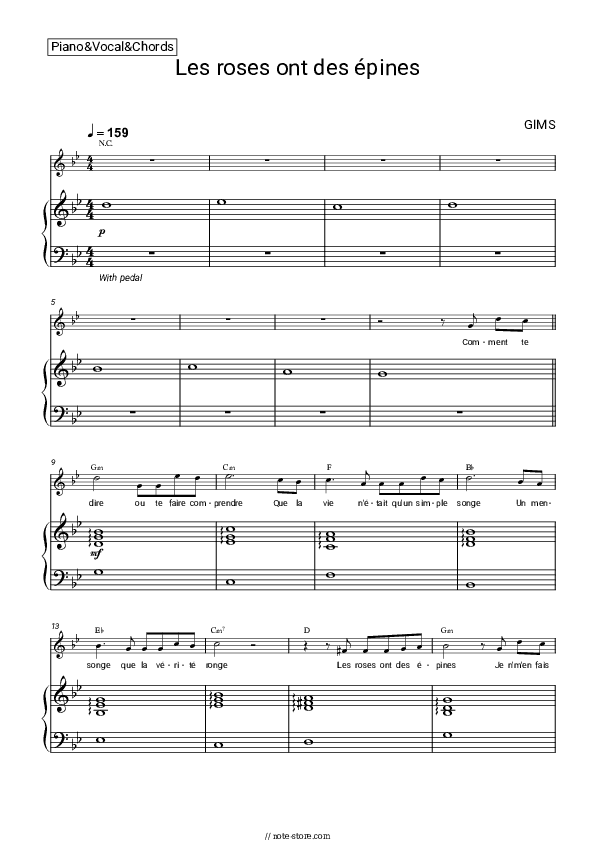 Les roses ont des épines - GIMS (Maître Gims) Piano Sheet Music with the Vocal and Chords - Piano&Vocal&Chords