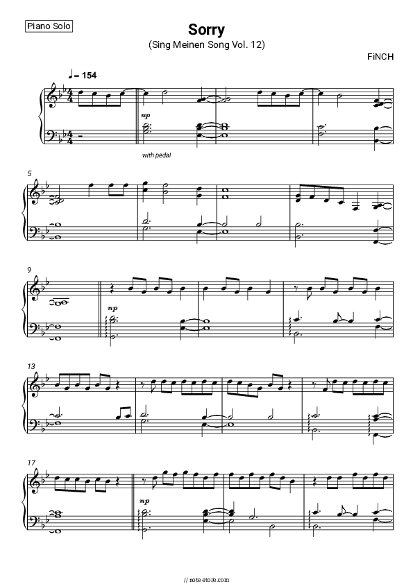 Sorry (Sing Meinen Song Vol. 12) - FiNCH Piano Sheet Music - Piano.Solo