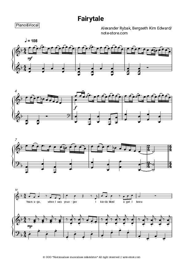 Fairytale - Alexander Rybak Piano Sheet Music with the Voice part - Piano&Vocal