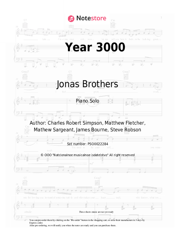 Year 3000 - Jonas Brothers Piano Sheet Music - Piano.Solo