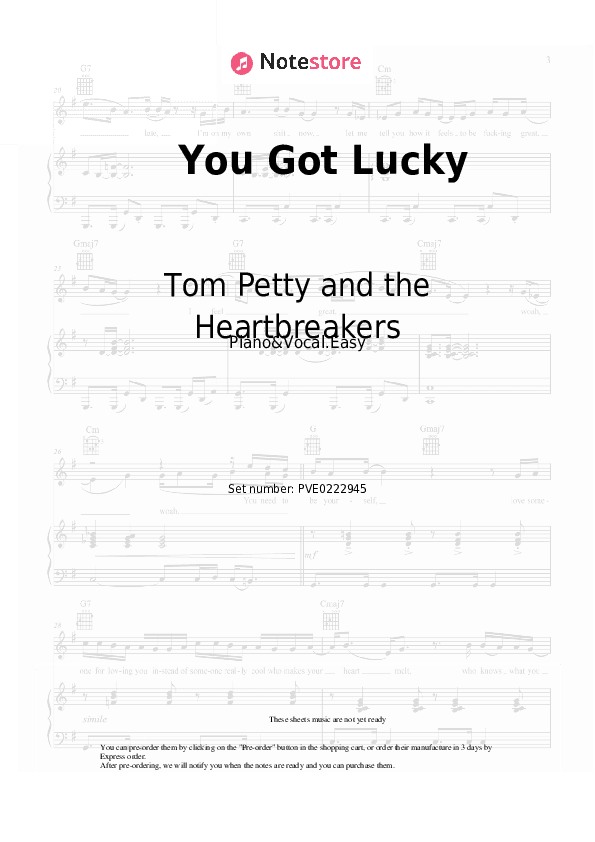 You Got Lucky - Tom Petty and the Heartbreakers Piano Sheet Music Easy and Vocal - Piano&Vocal.Easy