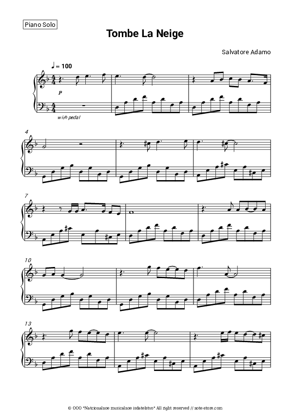 Tombe la neige - Salvatore Adamo Piano Sheet Music - Piano.Solo