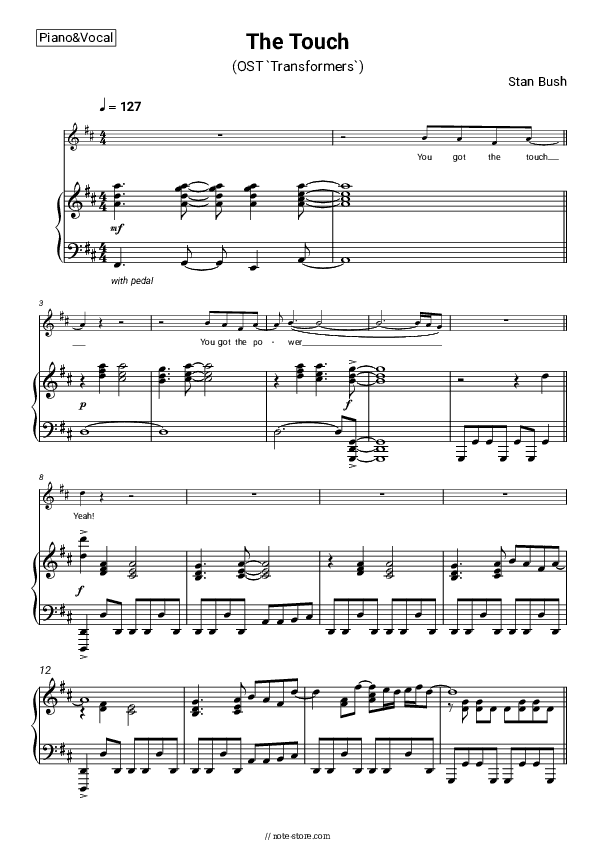 The Touch (OST Transformers) - Stan Bush Piano Sheet Music with the Voice part - Piano&Vocal