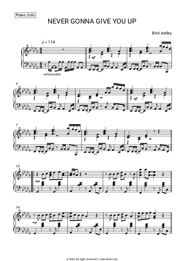 Never Gonna Give You Up - Rick Astley Piano Sheet Music - Piano.Solo