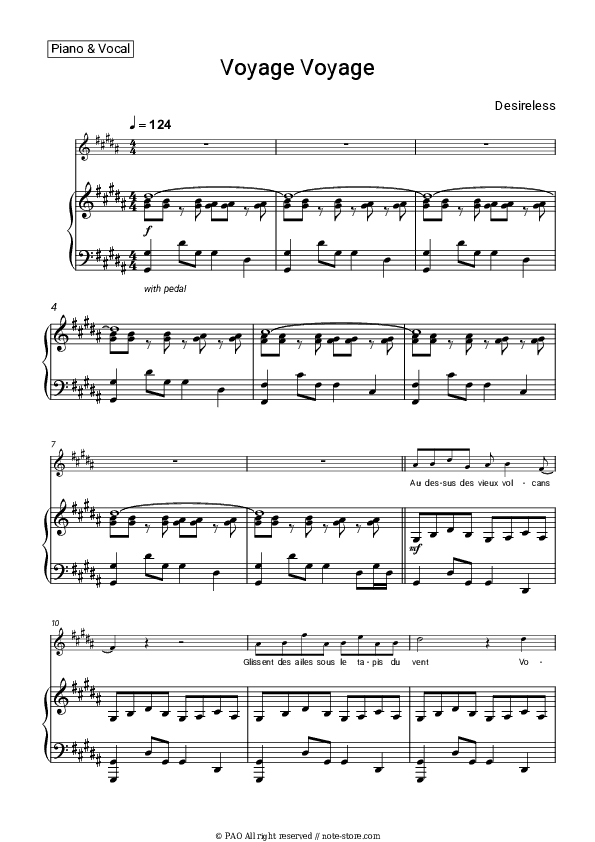 Voyage Voyage - Desireless Piano Sheet Music with the Voice part - Piano&Vocal