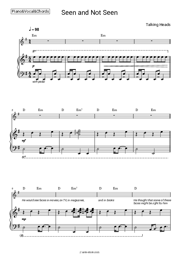 Seen and Not Seen - Talking Heads Piano Sheet Music with the Vocal and Chords - Piano&Vocal&Chords