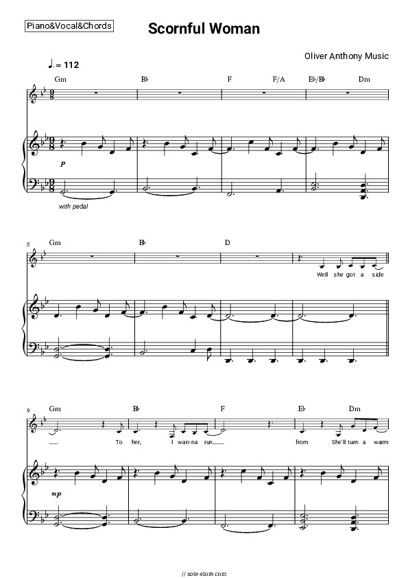 Scornful Woman - Oliver Anthony Music Piano Sheet Music with the Vocal and Chords - Piano&Vocal&Chords