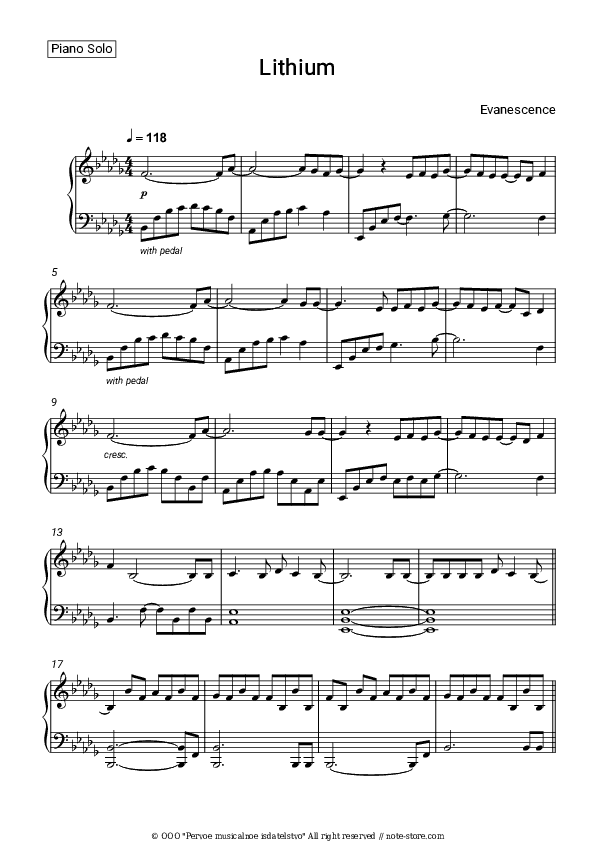Lithium - Evanescence Piano Sheet Music - Piano.Solo