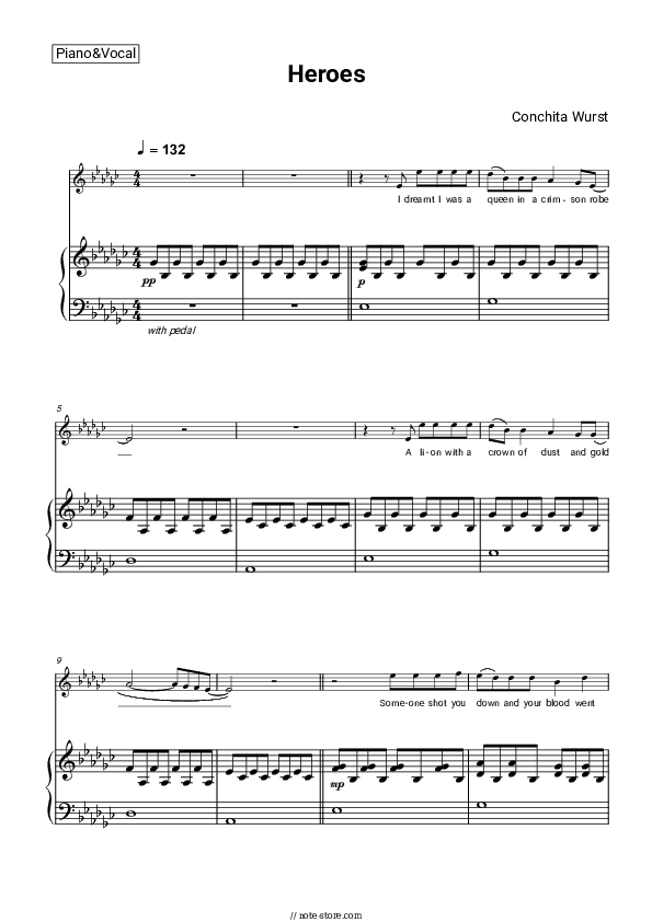 Heroes - Conchita Wurst Piano Sheet Music with the Voice part - Piano&Vocal