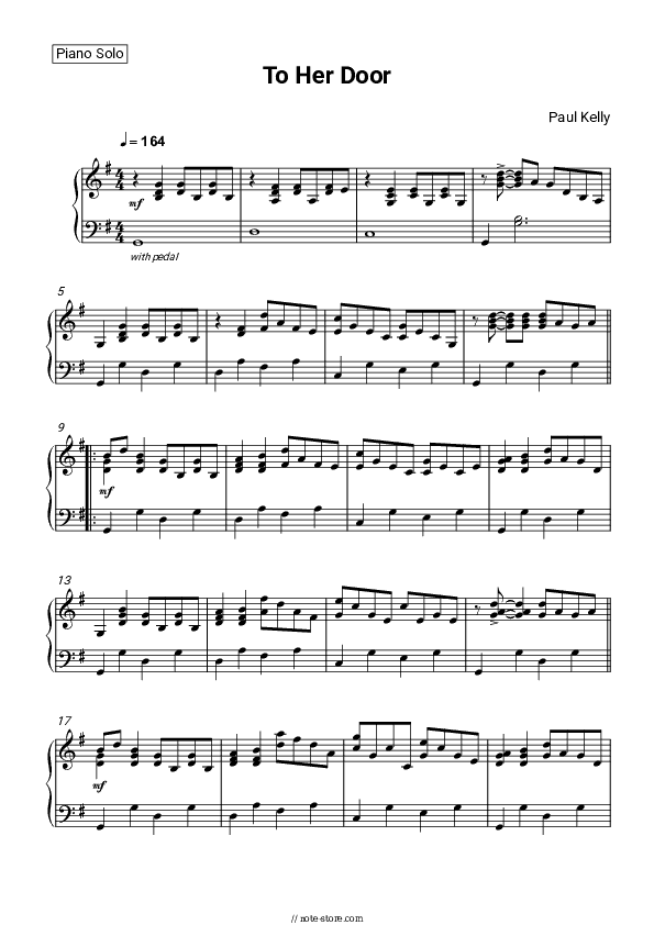 To Her Door - Paul Kelly Piano Sheet Music - Piano.Solo