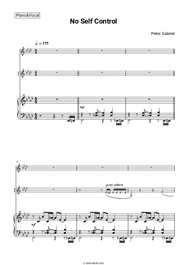 No Self Control - Peter Gabriel Piano Sheet Music with the Voice part - Piano&Vocal