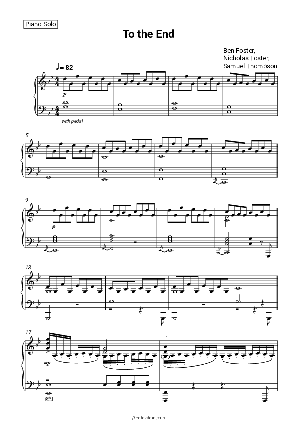 To the End - Ben Foster, Nicholas Foster, Samuel Thompson Piano Sheet Music - Piano.Solo