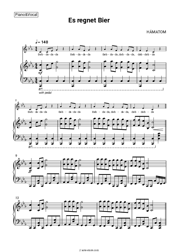 Es regnet Bier - Hämatom Piano Sheet Music with the Voice part - Piano&Vocal
