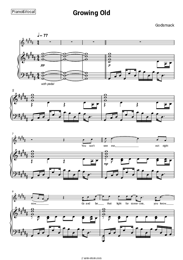 Growing Old - Godsmack Piano Sheet Music with the Voice part - Piano&Vocal