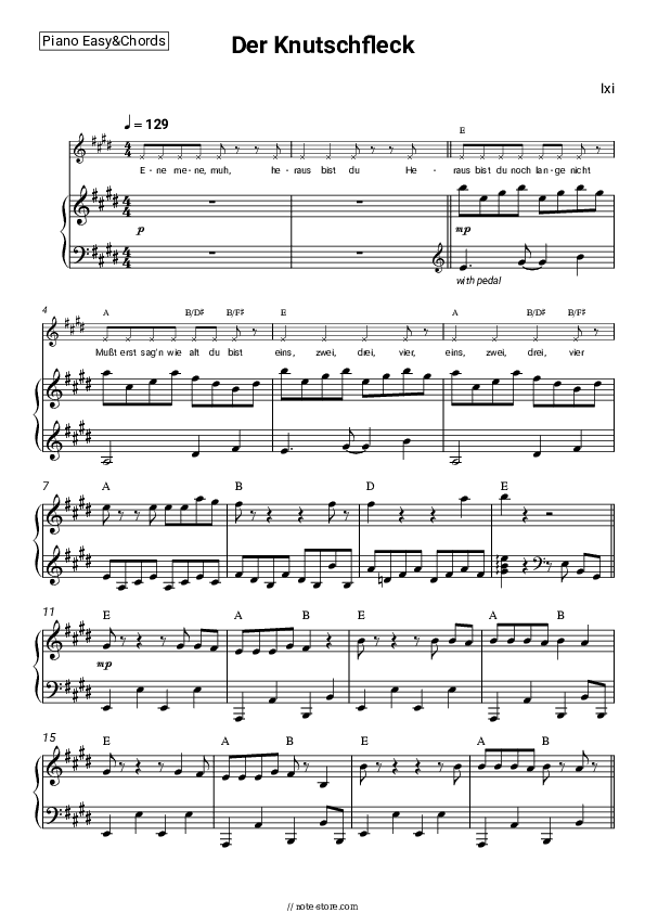 Der Knutschfleck - Ixi Sheet Music Easy and Chords - Piano.Easy&Chords