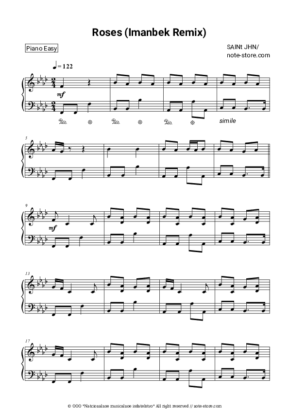 Roses (Imanbek Remix) - SAINt JHN Piano Sheet Music Easy - Piano.Easy