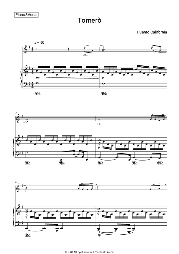 Tornero - I Santo California Piano Sheet Music with the Voice part - Piano&Vocal