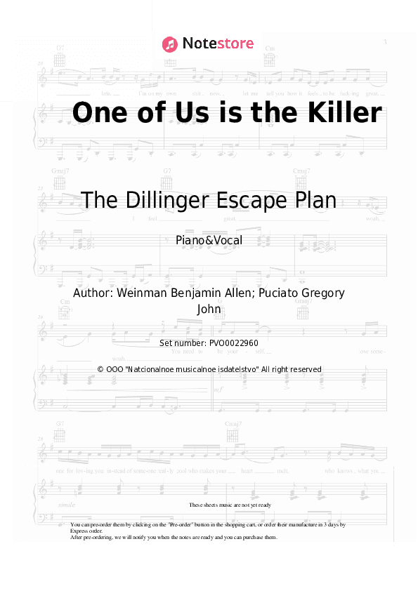 One of Us is the Killer - The Dillinger Escape Plan Piano Sheet Music with the Voice part - Piano&Vocal